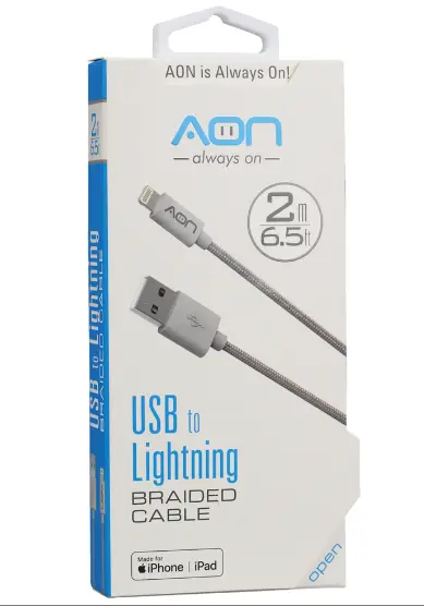 Cable AON USB-Lightning, MFI, 2M, 5V/2.4A (Certficado apple)
