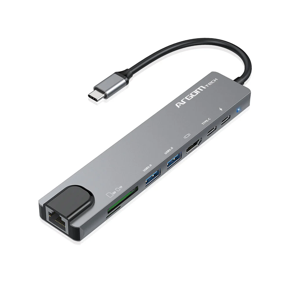 Adaptador ARGOMTECH 8 en 1 Puerto USB-C a HDMI 4K, USB 3.0, RJ-45, lector de tarjetas TF/estándar, puerto USB-C y ranura PD