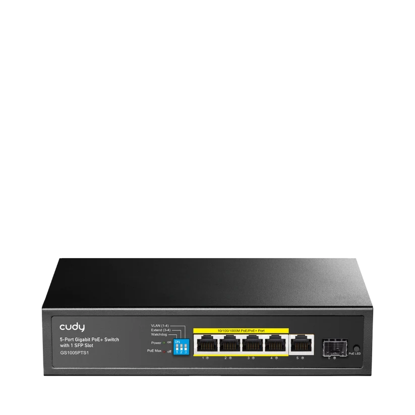 Switch CUDY Gigabit PoE+ de 5 puertos con 1 SFP