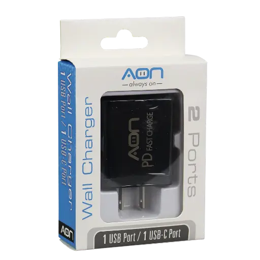 [AO-CR-1002] Cargador de Pared AON 1xUSB 1xUSB-C USB-C 20W S/Cable