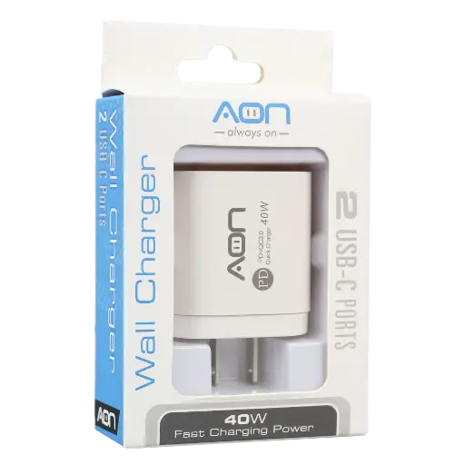 [AO-CR-1003] Cargador de Pared AON 2xUSB-C 20Wx2 S/Cable