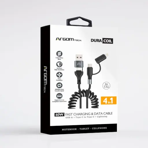 [ARG-CB-0071BK] Cable ARGOMTECH DuraCoil 4 en 1 USB Tipo A y C/ 60W- 1.5mts