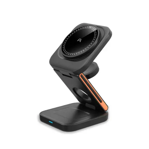 [ARG-AC-0144BK] Cargador ARGOMTECH Inalambrico 3 en 1 + Soporte plegable/ Carga rápida 15W